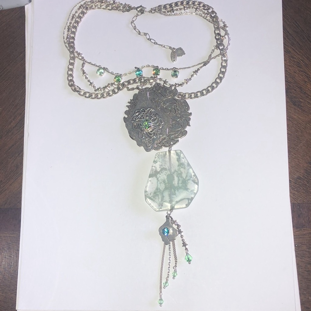 Pilgrim Danish Design Silver Tone Huge Boho Green Quartz Pendant Necklace
